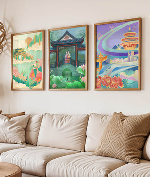 Asiatische Illustrationen mit floralen und architektonischen Elementen