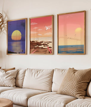 Ensemble de tableaux avec des paysages au coucher et au lever du soleil