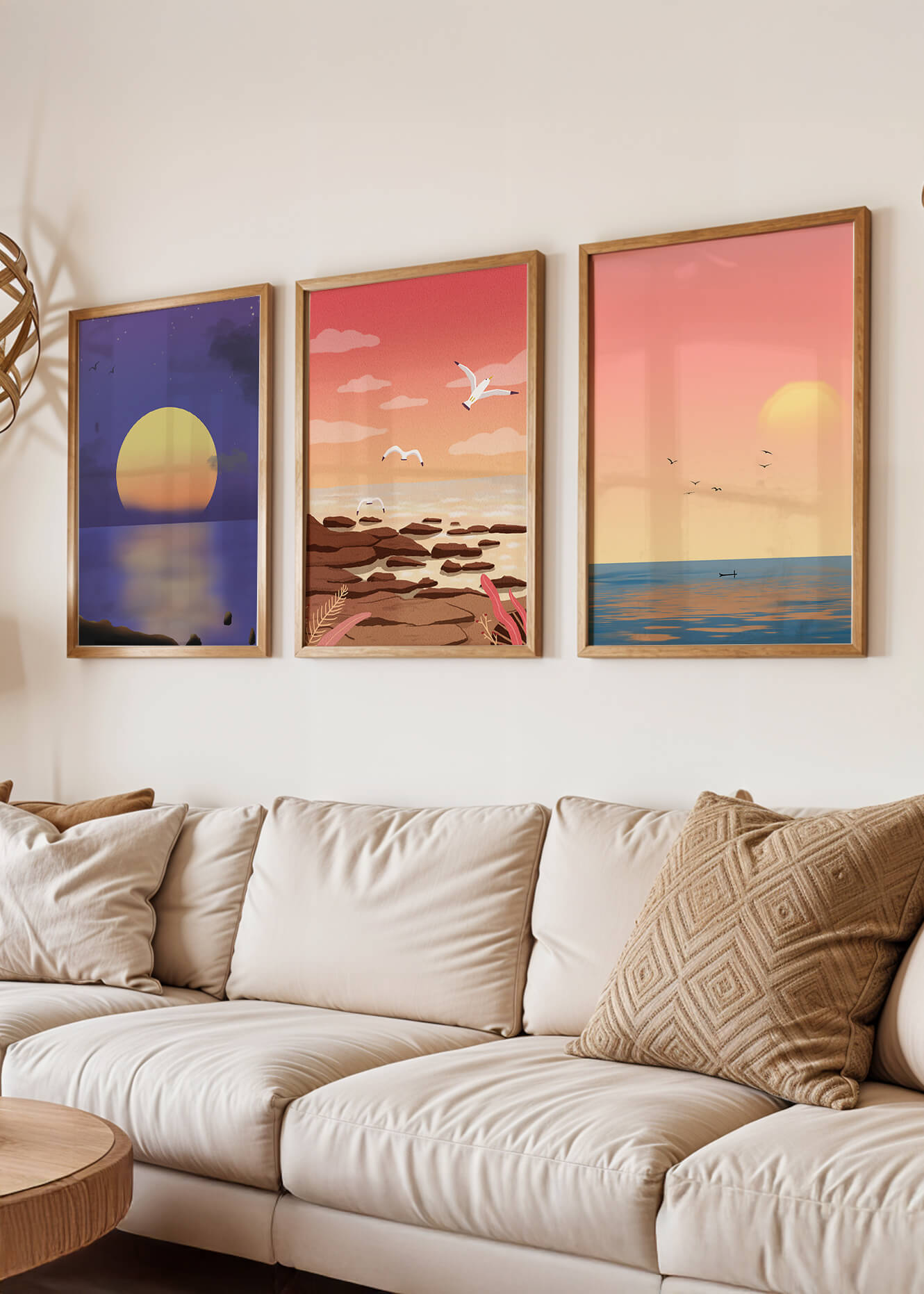 Ensemble de tableaux avec des paysages au coucher et au lever du soleil