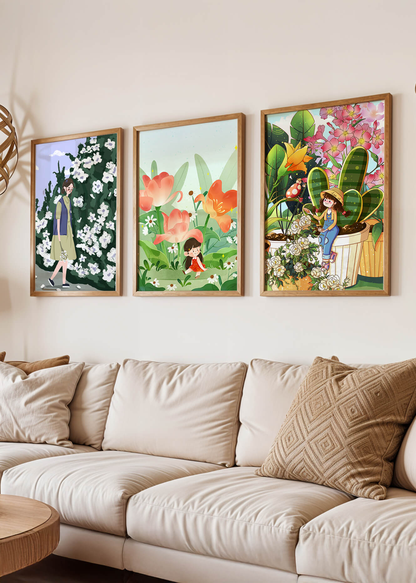 Tríptico de Ilustraciones Florales y Personajes