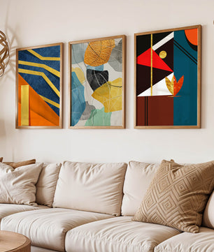 Conjunto De Tres Obras De Arte Geométrico Con Elementos Dorados Y Colores Vivos