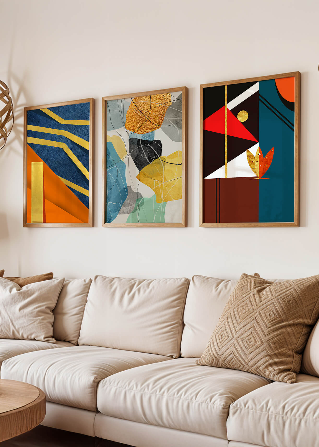 Conjunto De Tres Obras De Arte Geométrico Con Elementos Dorados Y Colores Vivos