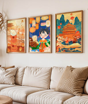 Triptyque d'art asiatique sur le thème des lanternes et de la culture traditionnelle