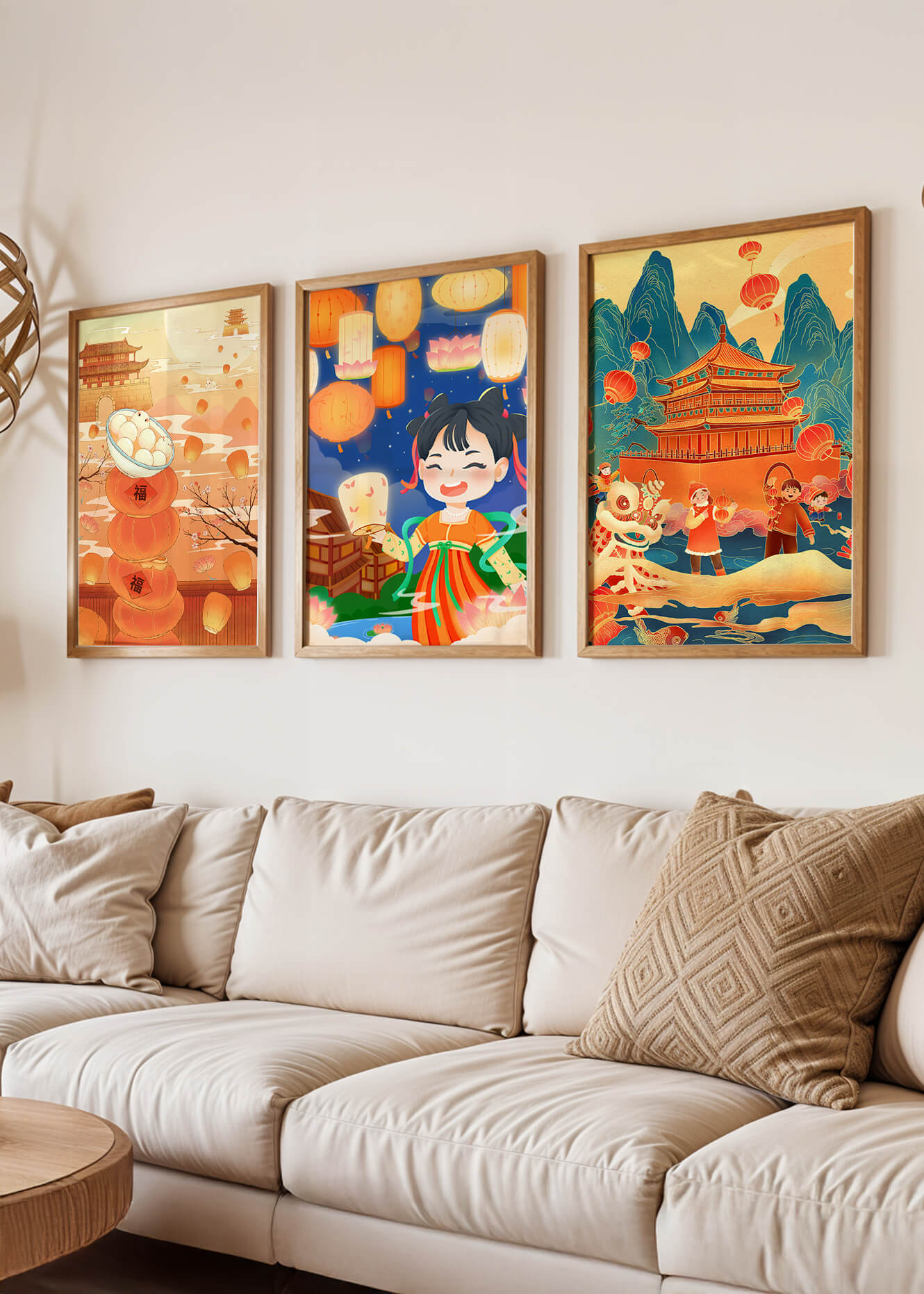 Triptyque d'art asiatique sur le thème des lanternes et de la culture traditionnelle