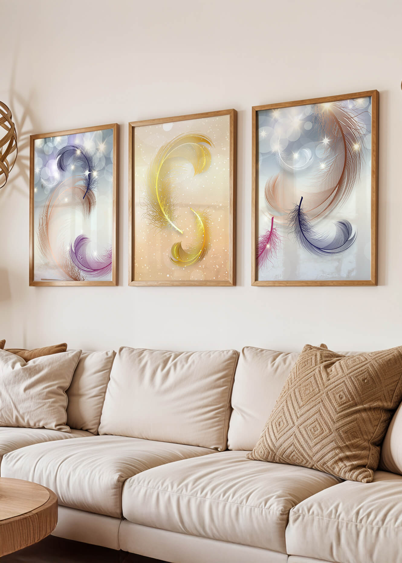 Art abstrait avec des plumes dans des tons pastel