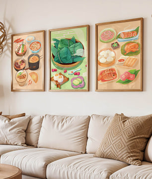Pósters Ilustrados de Comida Temática Oriental Sobre Piso de Madera