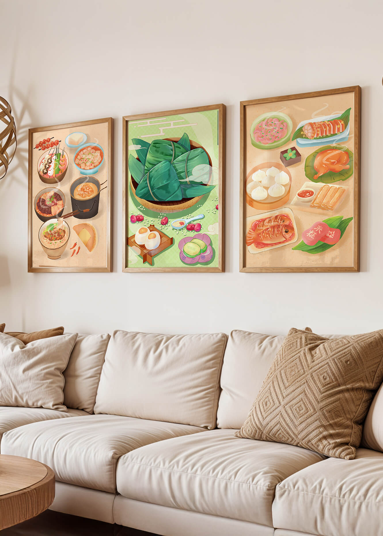 Pósters Ilustrados de Comida Temática Oriental Sobre Piso de Madera