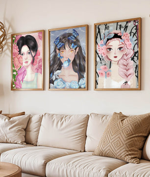 Pinturas De Retratos Femeninos Con Flores Y Mariposas