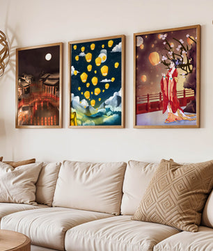 Ensemble de toiles avec éléments asiatiques et lanternes lumineuses
