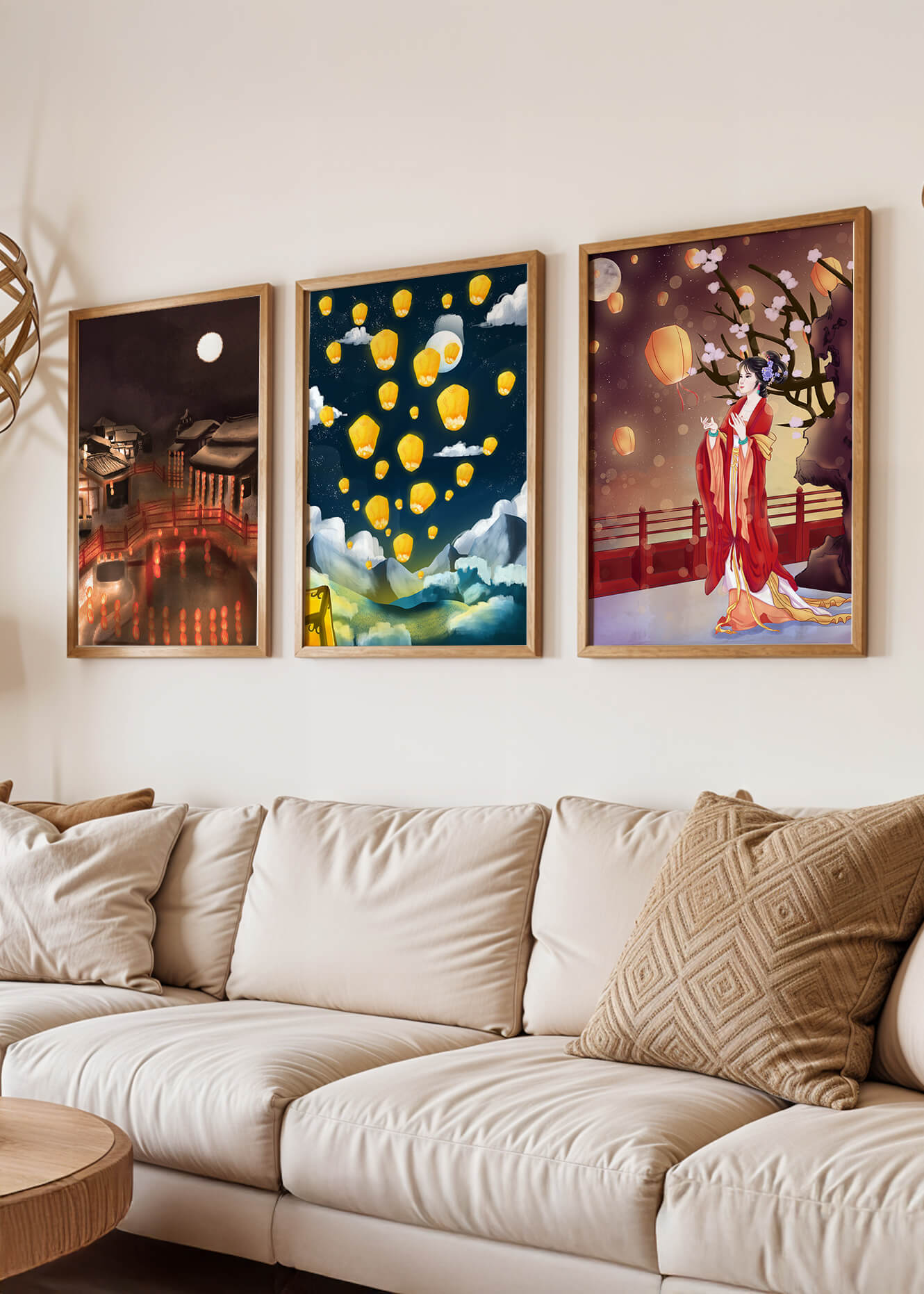 Ensemble de toiles avec éléments asiatiques et lanternes lumineuses