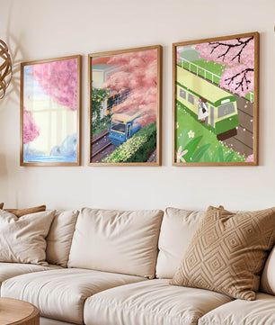 Ensemble de trois tableaux avec des paysages de cerisiers et des trains