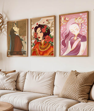 Conjunto de Ilustraciones de Estilo Asiático Presentadas Sin Marco en Fondo Claro