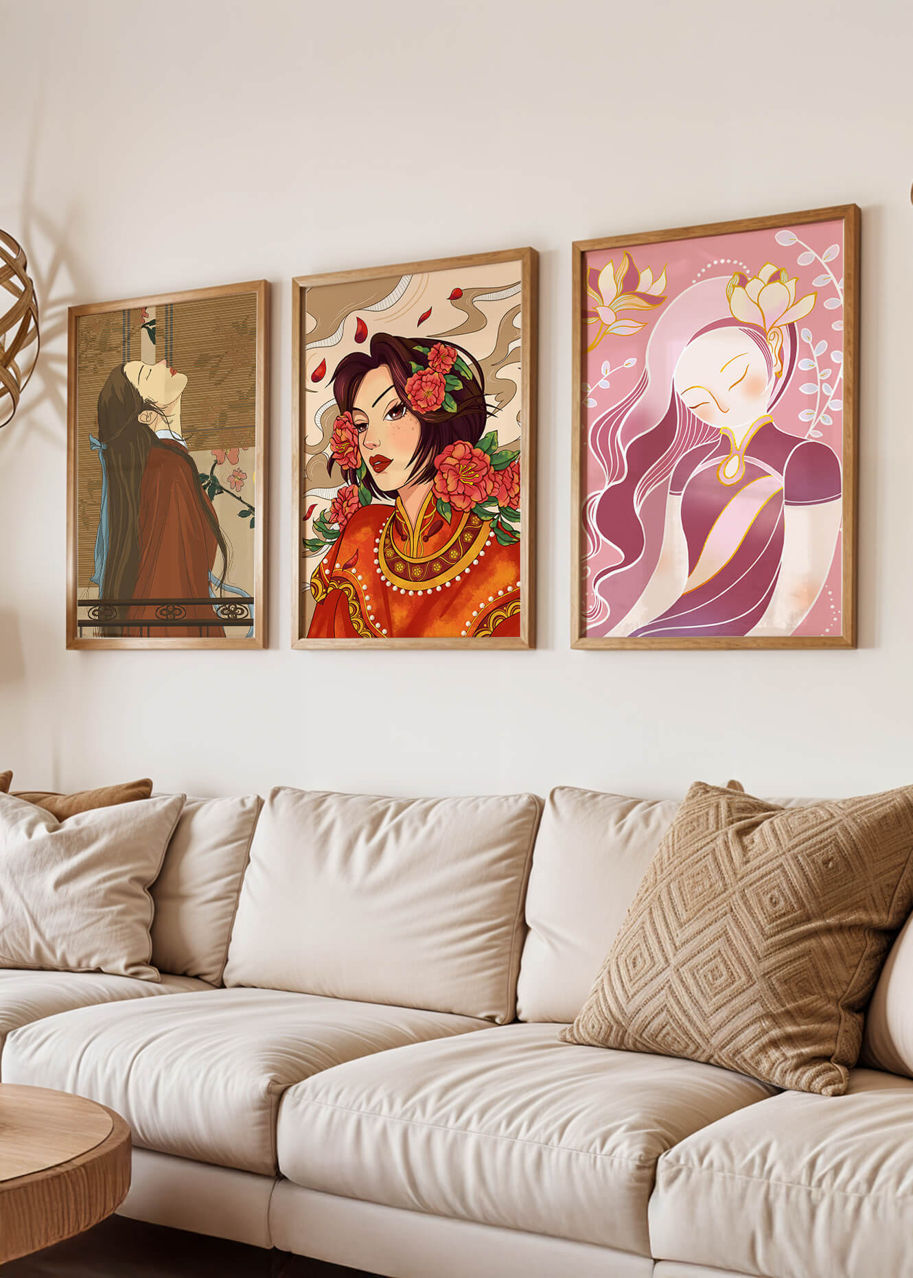 Conjunto de Ilustraciones de Estilo Asiático Presentadas Sin Marco en Fondo Claro