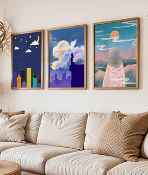 Ensemble de trois tableaux modernes avec des paysages imaginaires