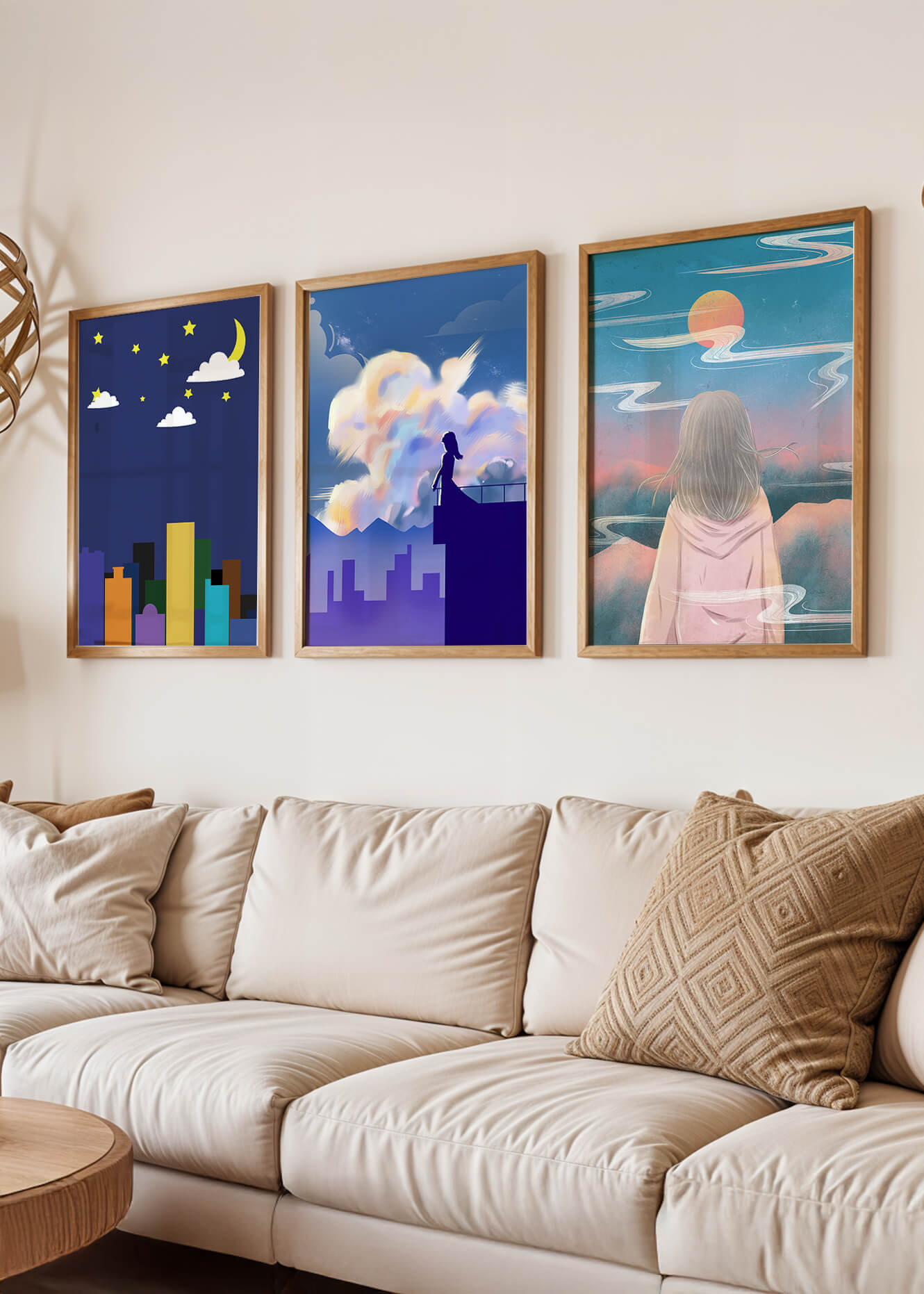Ensemble de trois tableaux modernes avec des paysages imaginaires