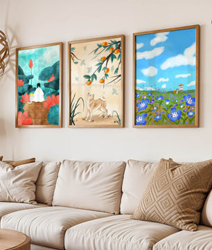 Ensemble de peintures artistiques avec des éléments naturels et des animaux