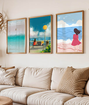 Tableaux minimalistes de plage et de mer avec personnages