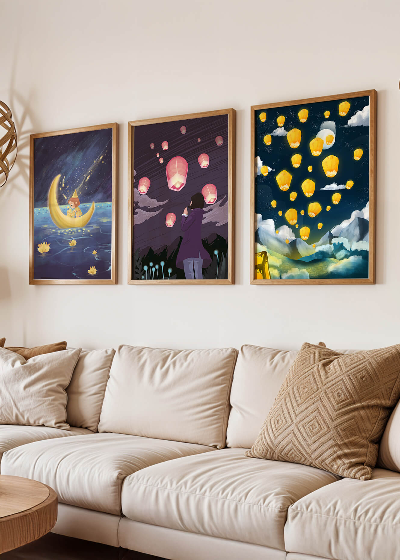 Imágenes Artísticas de Linternas Voladoras en Marcos de Madera