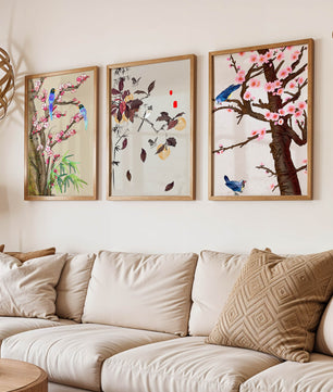 Dreier-Set mit Vogel- und Blumenmotiven im asiatischen Stil