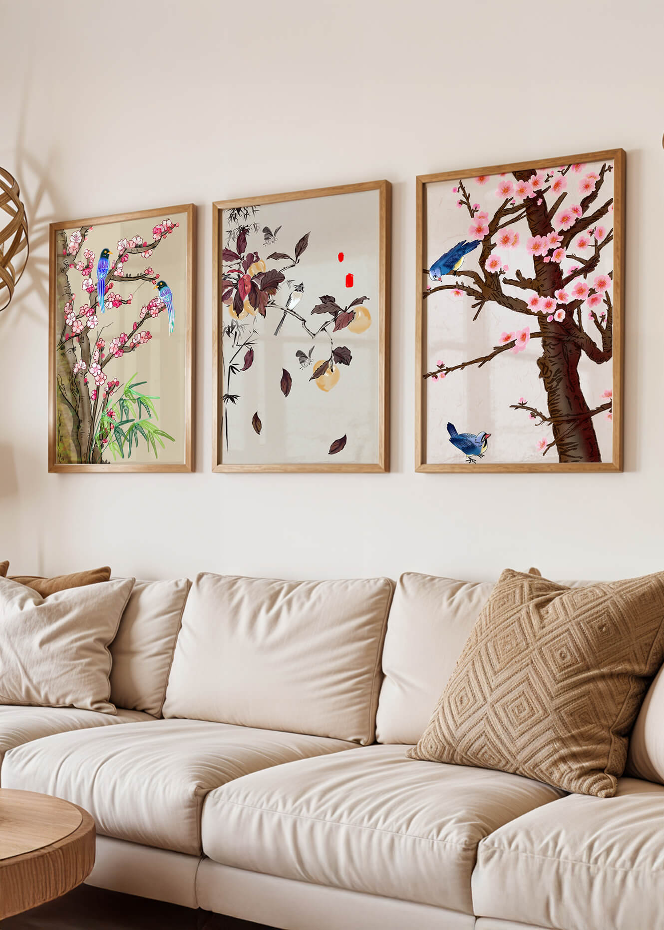 Dreier-Set mit Vogel- und Blumenmotiven im asiatischen Stil