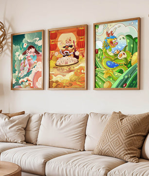Tableaux pour enfants au style animé avec des personnages et des dragons