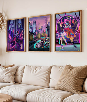 Triptyque de style cyberpunk avec des personnages en art numérique