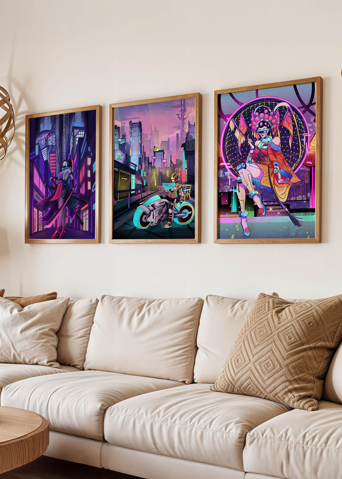 Triptyque de style cyberpunk avec des personnages en art numérique