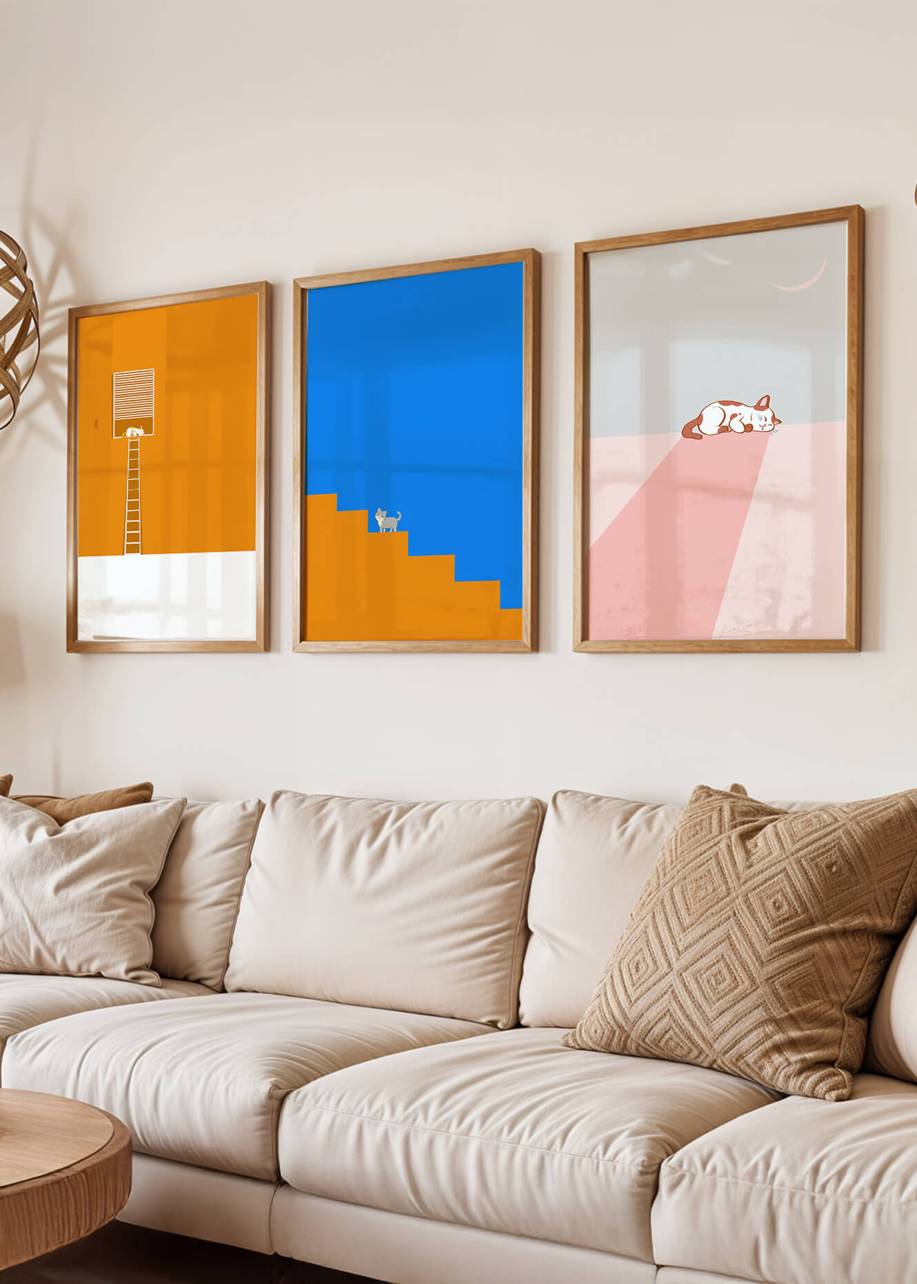 Ensemble de trois tableaux avec des figures géométriques et un chat