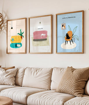 Imágenes minimalistas de gatos y muebles en marcos de madera