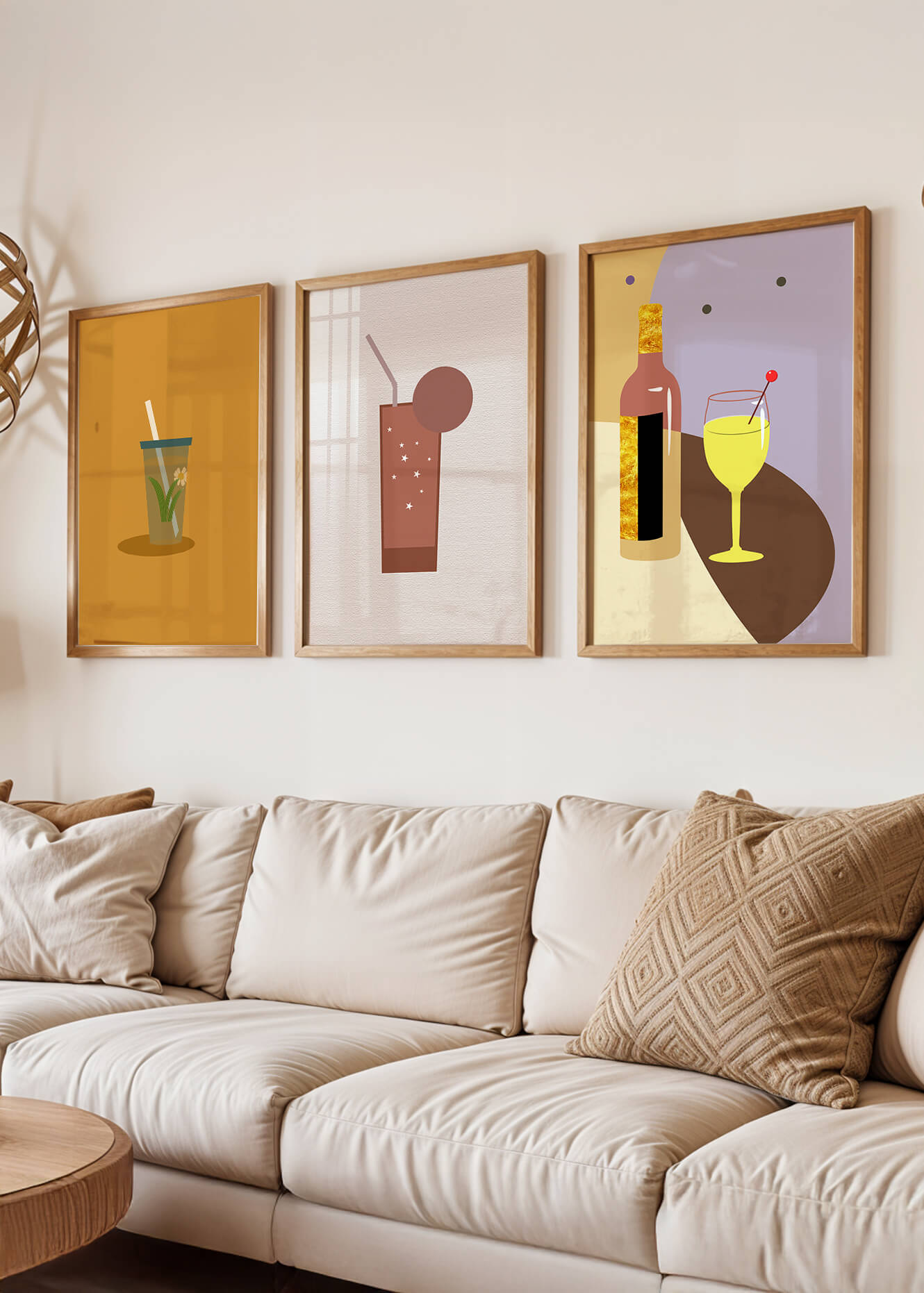 Illustrations minimalistes de boissons dans des cadres en bois