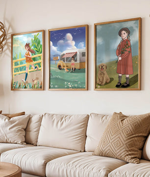 Conjunto de cuadros ilustrativos sin marco en ambiente moderno