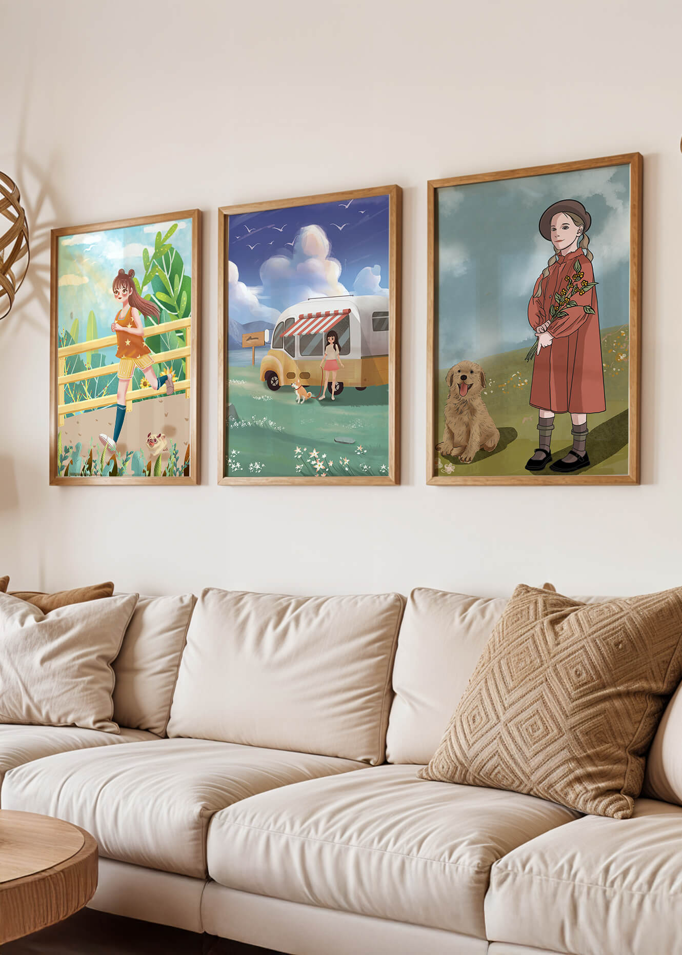 Conjunto de cuadros ilustrativos sin marco en ambiente moderno