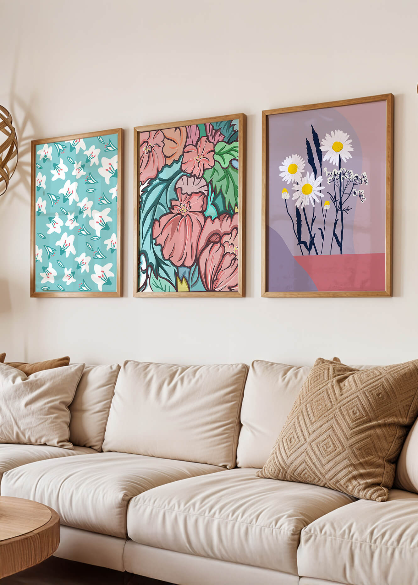 Mur avec trois tableaux de fleurs colorées dans un style moderne