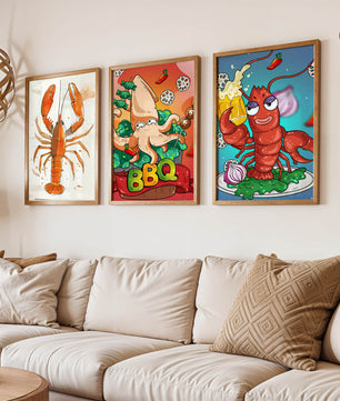 Affiches de fruits de mer amusants dans un style illustratif