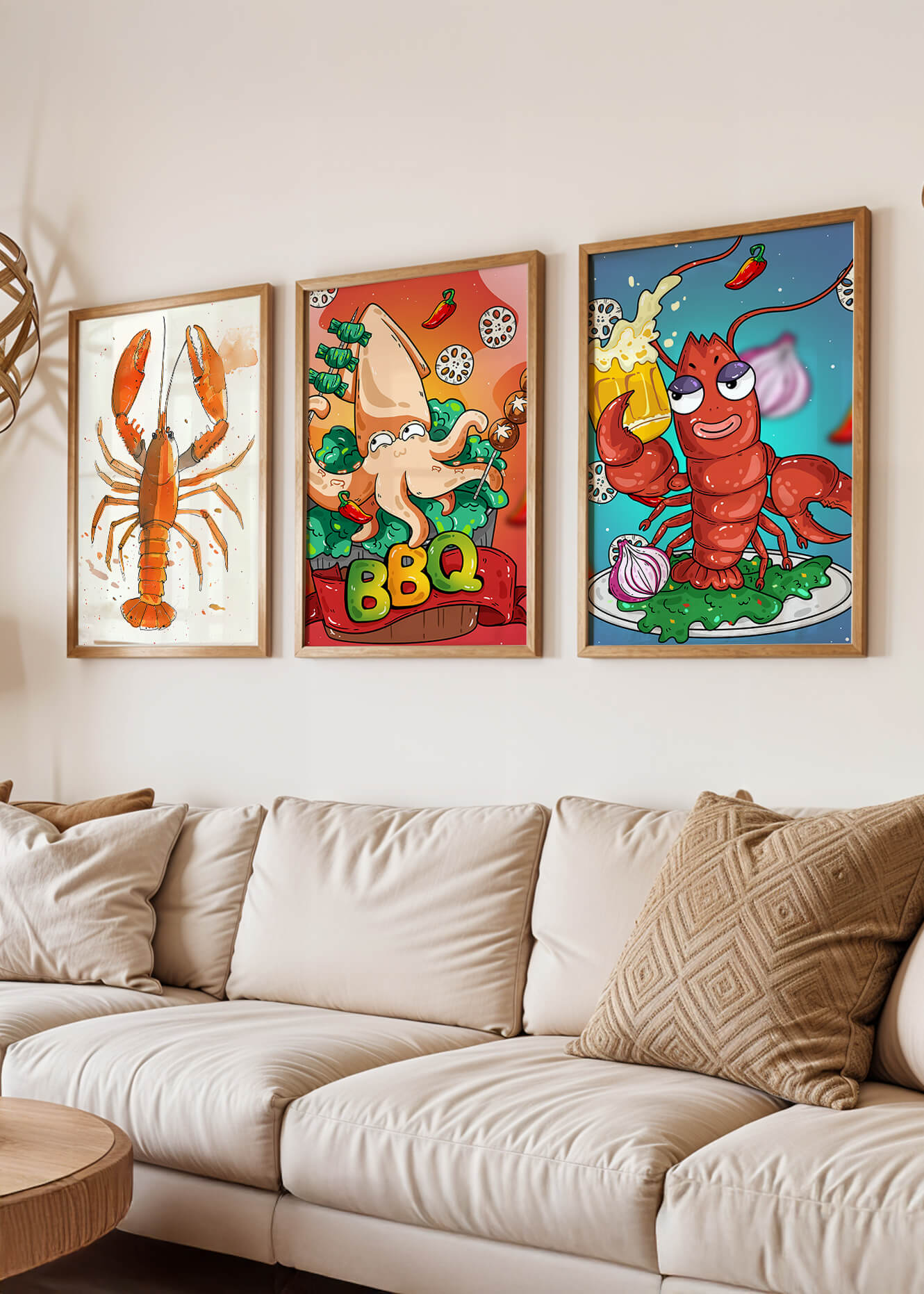 Affiches de fruits de mer amusants dans un style illustratif
