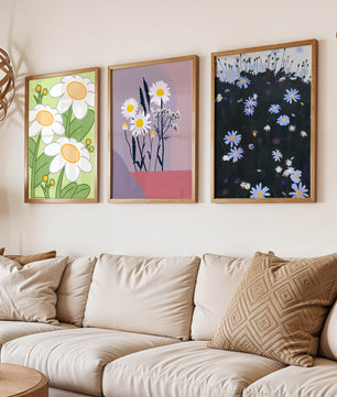 Tríptico De Arte Floral Con Margaritas En Colores Pastel