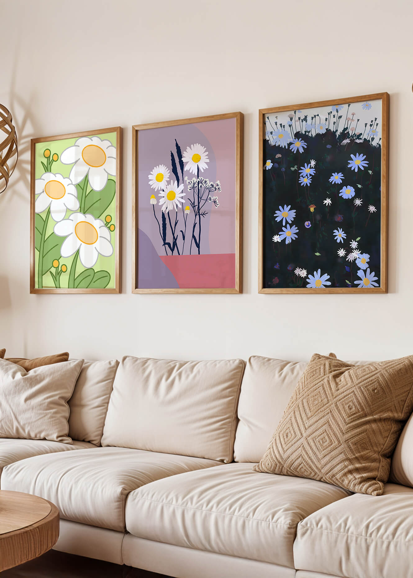 Triptyque d'art floral avec des marguerites en couleurs pastel