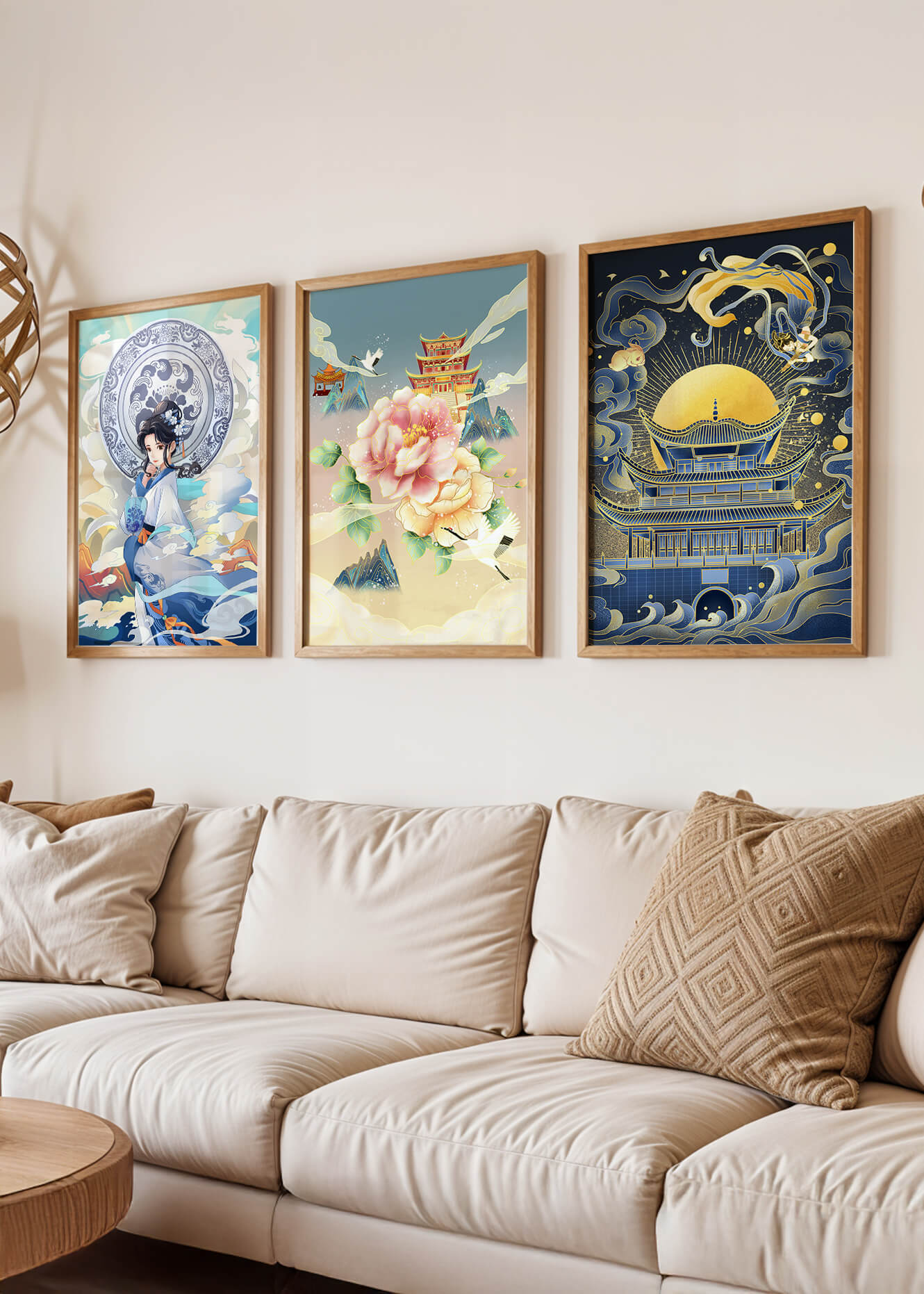 Triptyque d’Art Asiatique : Femme, Fleur et Pagode avec Éléments Dorés