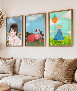 Tríptico de Ilustraciones en Marcos de Madera