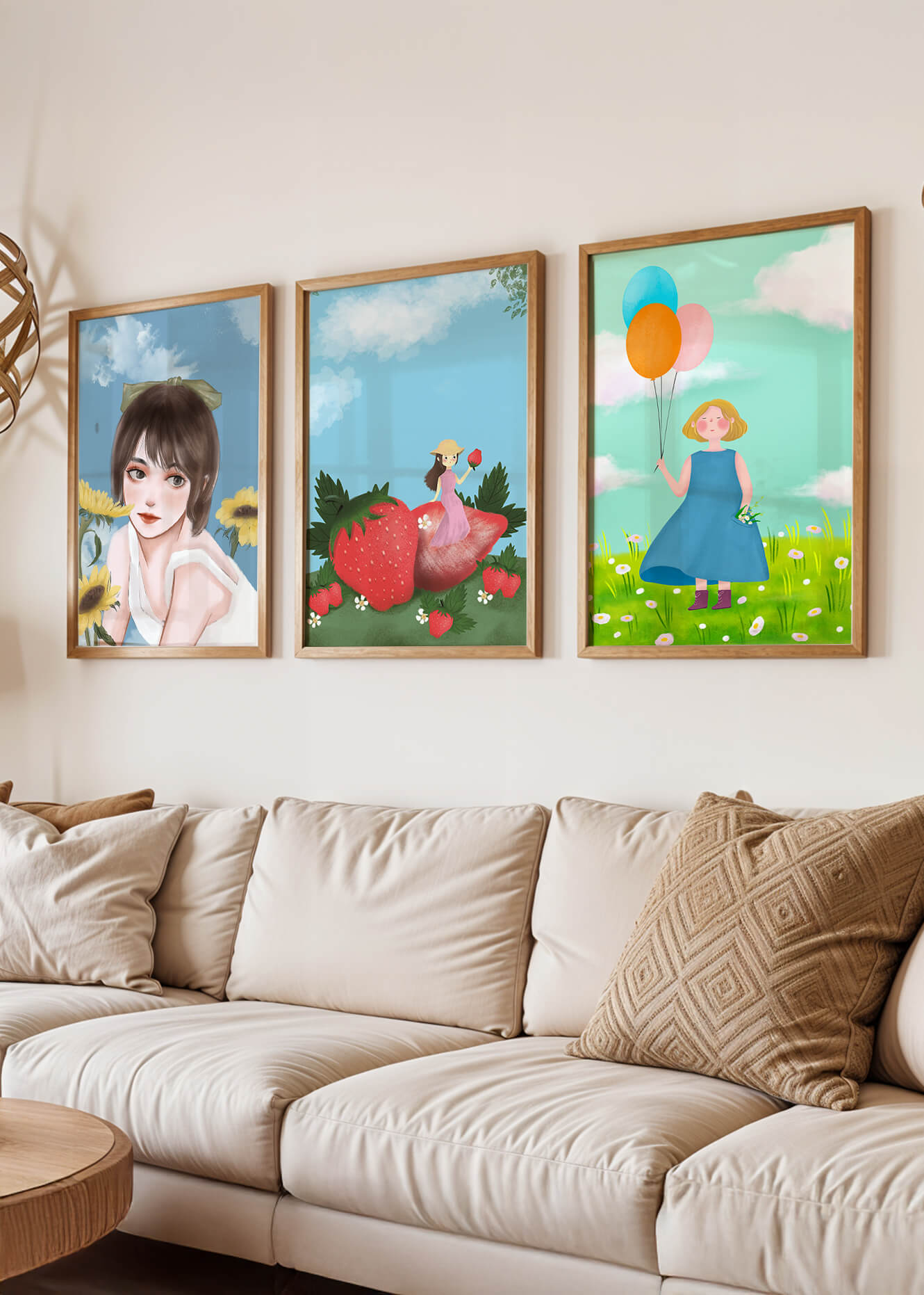 Tríptico de Ilustraciones en Marcos de Madera
