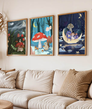 Illustrations de fées avec des champignons dans la forêt