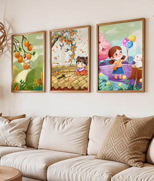 Ensemble de trois illustrations pour enfants avec des fruits et des animaux
