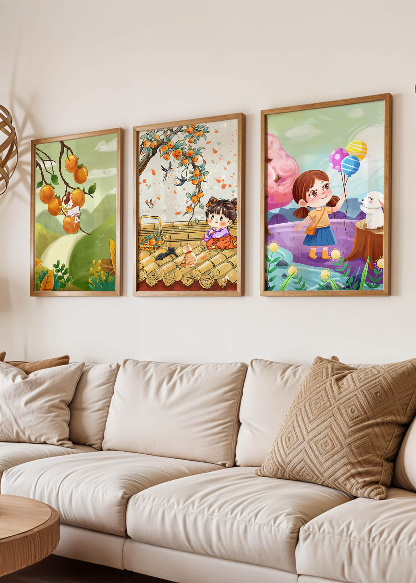 Ensemble de trois illustrations pour enfants avec des fruits et des animaux