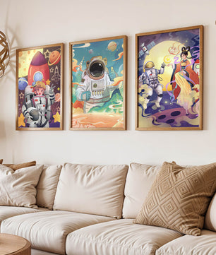 Bunte Weltraumszenen mit Astronautenfiguren und fantastischen Landschaften