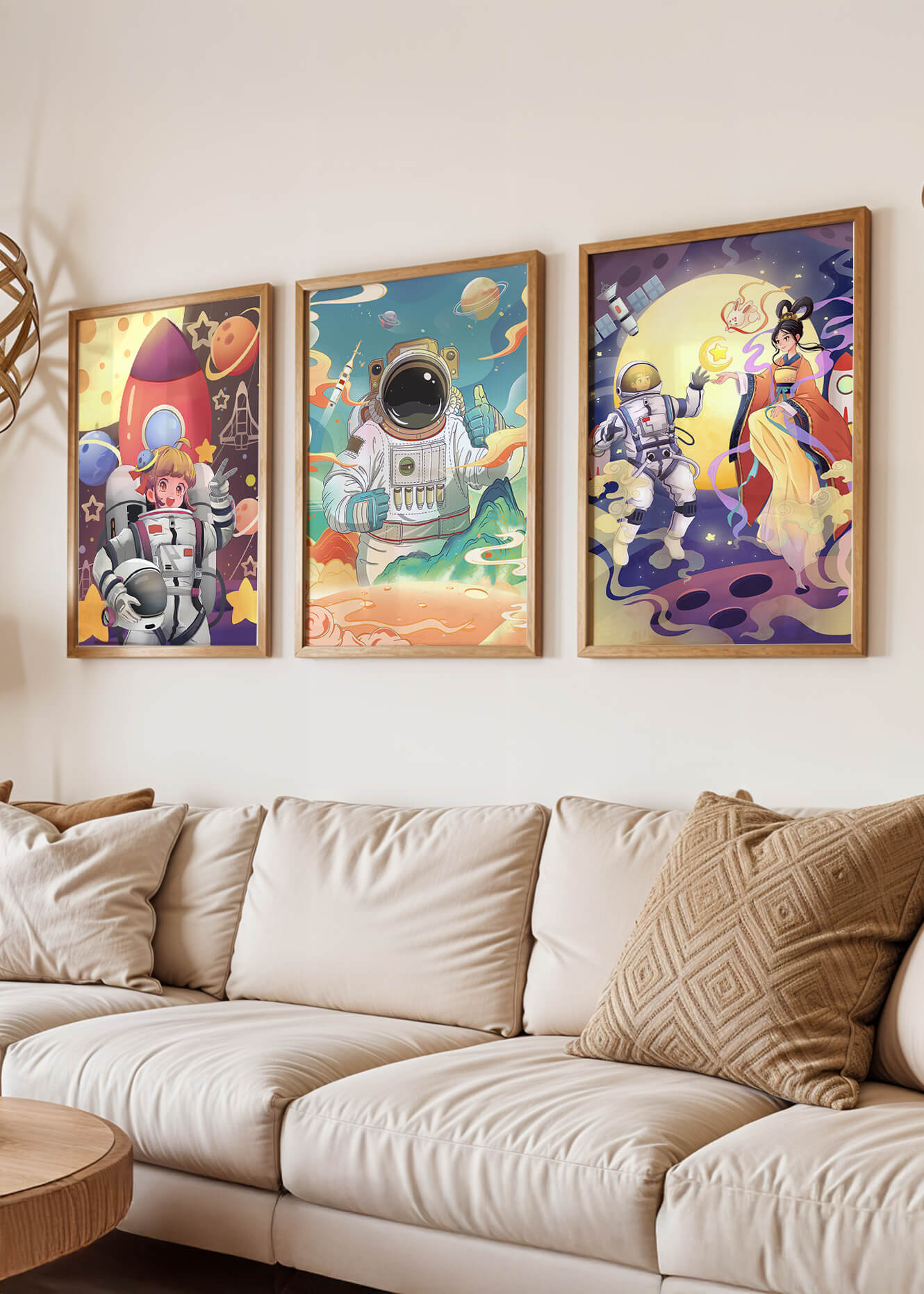Bunte Weltraumszenen mit Astronautenfiguren und fantastischen Landschaften