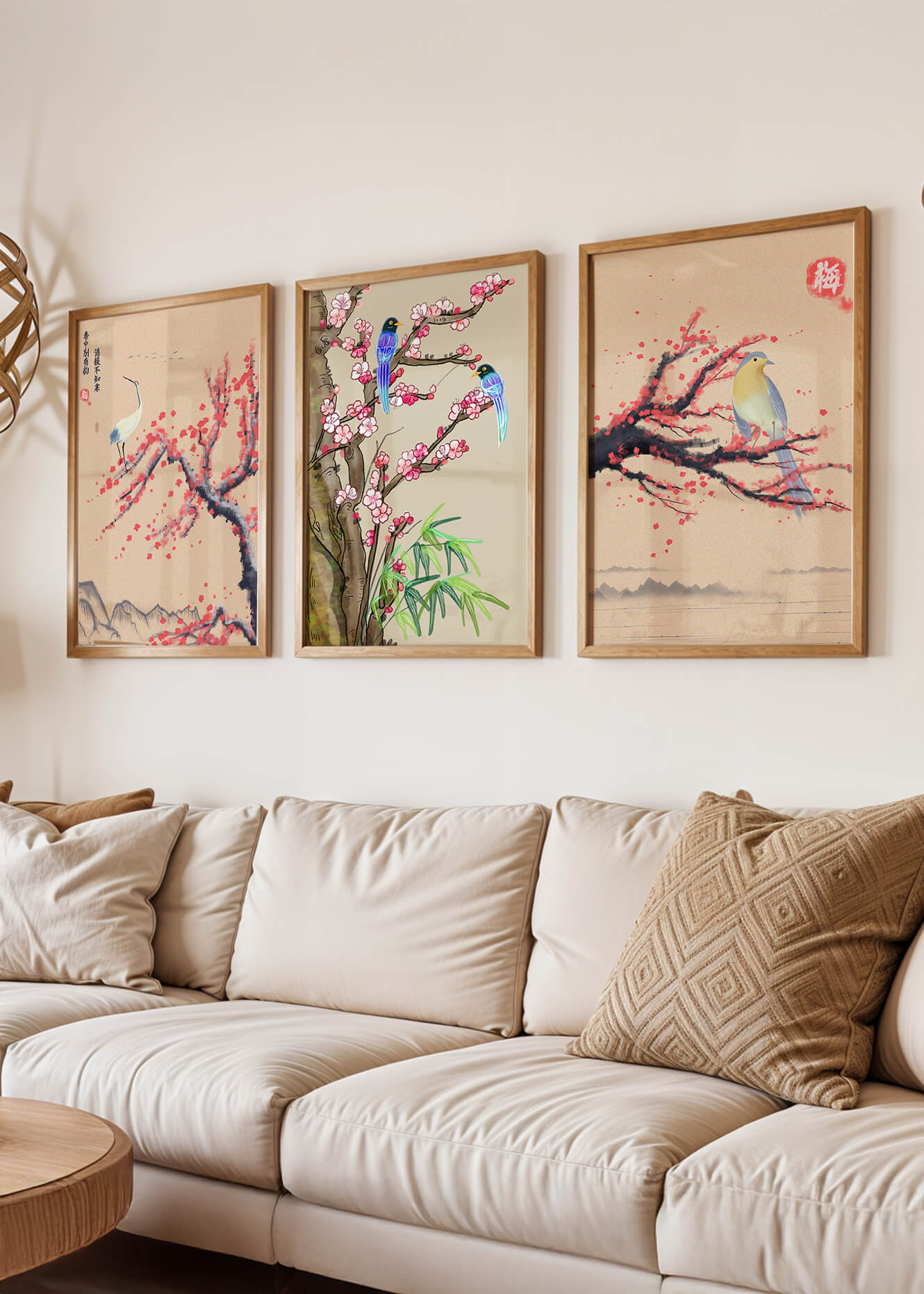 Decoración Oriental con Pájaros y Flores