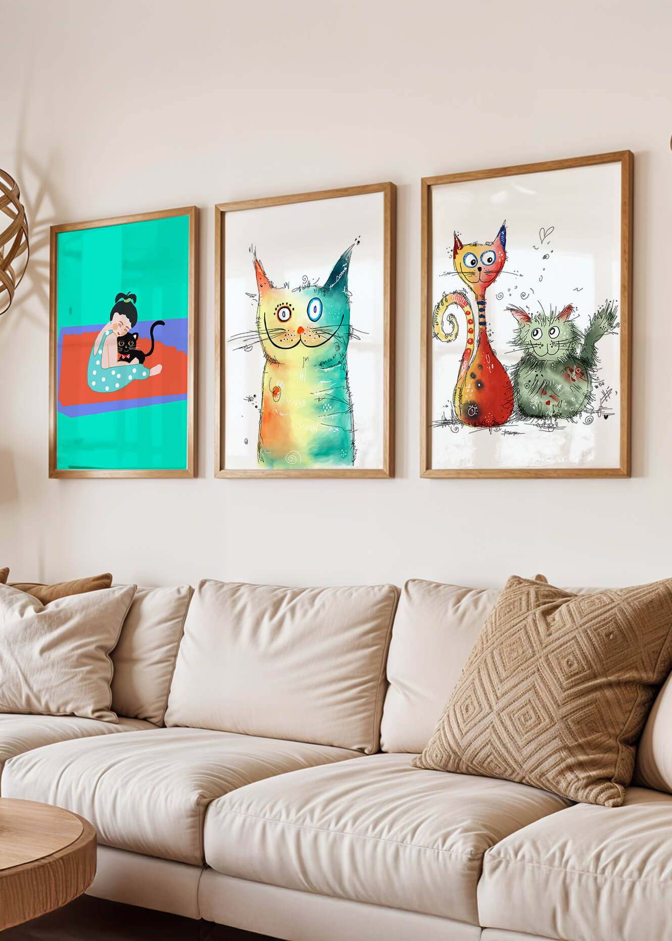 Ensemble d'illustrations colorées de chats avec cadre en bois clair