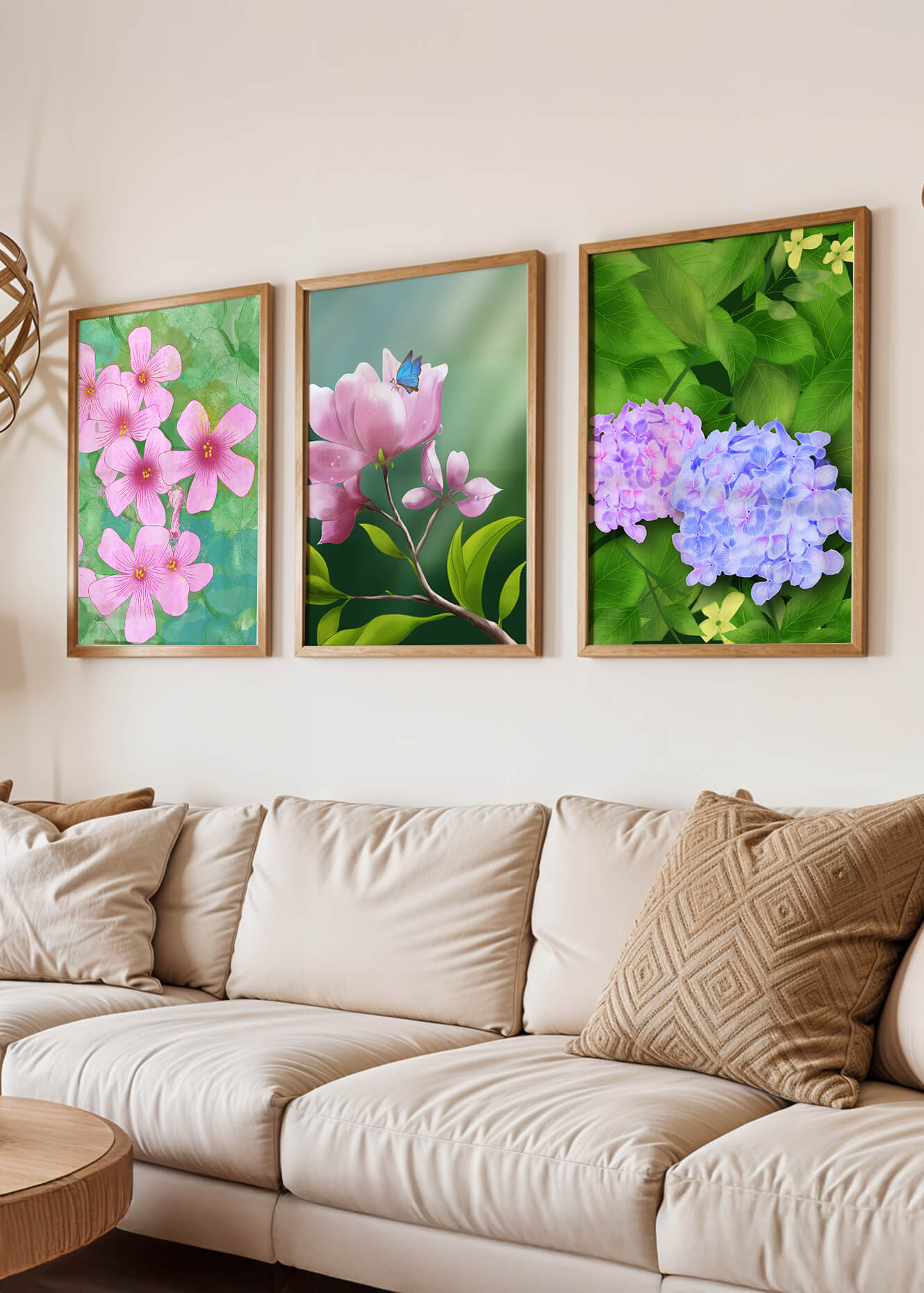 Ensemble de tableaux avec fleurs roses, papillon et hortensias