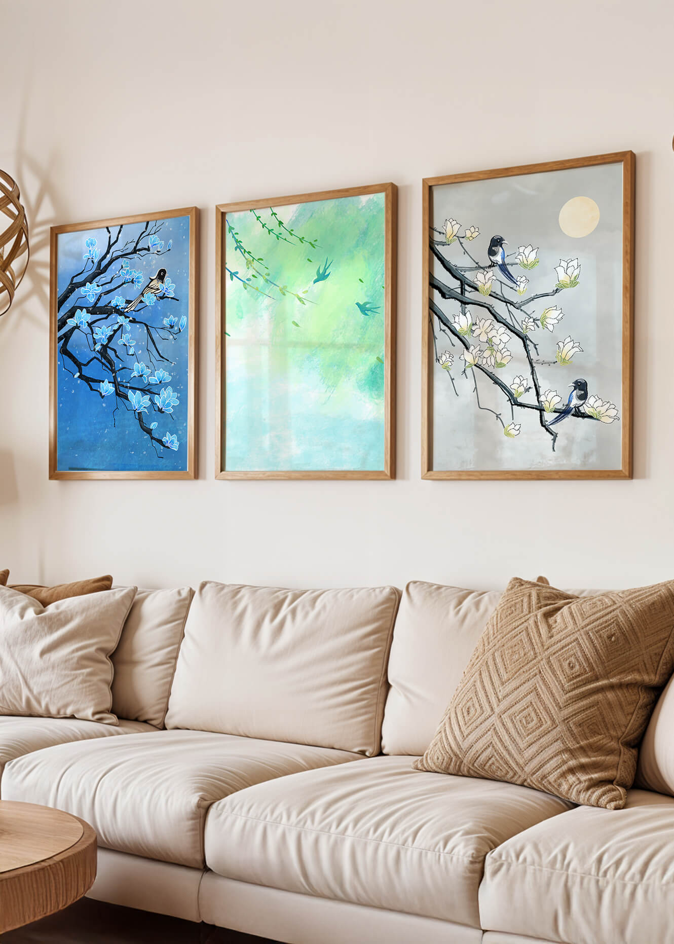 Tríptico Floral con Pájaros en Colores Suaves