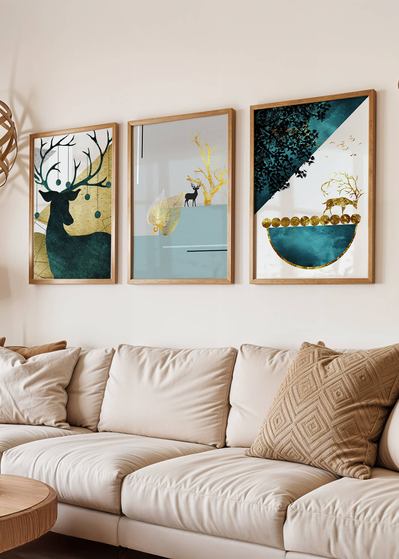 Conjunto De Tres Cuadros Modernos Con Motivo De Ciervos Y Acabado Dorado